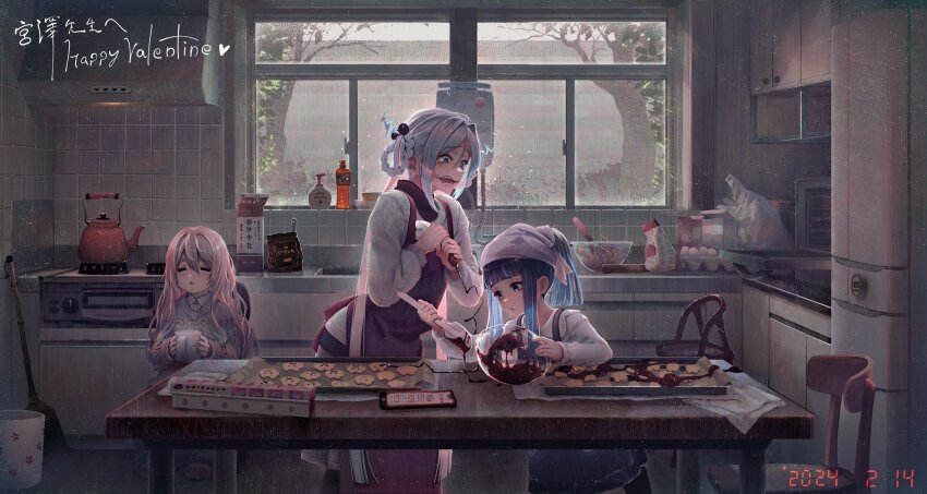 3girls apron braid broom chair chocolate cookie cup dated food highres holding holding_cup kasumi_(urasekai_picnic) kitchen kozakura_(urasekai_picnic) multiple_girls shirakaba sitting standing stitched_face stitches table tree urasekai_picnic urumi_luna valentine window