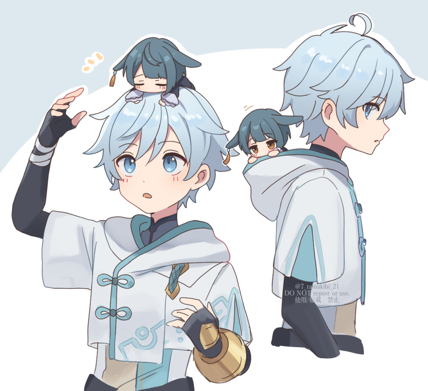 2boys ahoge animal_ears black_gloves blue_background blue_eyes blue_hair chongyun_(genshin_impact) closed_eyes commentary_request corn_kuten cropped_hoodie cropped_torso emphasis_lines fingerless_gloves genshin_impact gloves hood hoodie lop_rabbit_ears male_focus mini_person mini_person_on_head miniboy multiple_boys outline rabbit_ears short_hair simple_background surprised upper_body water white_background white_hoodie xingqiu_(genshin_impact) yellow_eyes