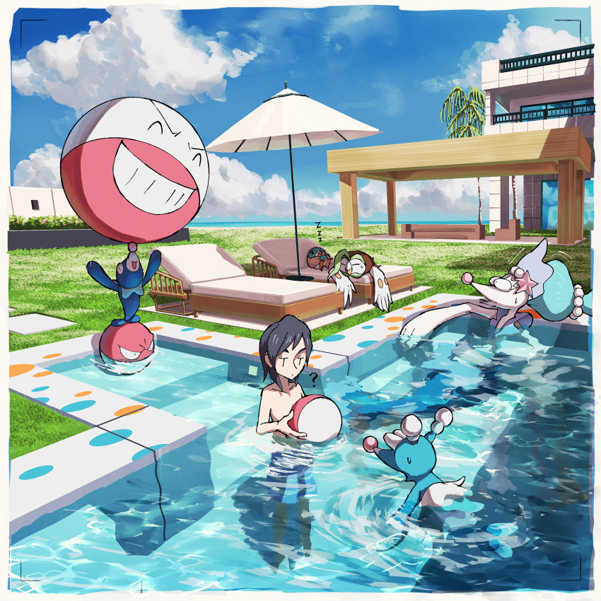 1boy ? ball beachball black_hair blue_swim_trunks brionne building closed_mouth cloud collarbone commentary_request dartrix day electrode_(pokemon) elio_(pokemon) game_freak gen_1_pokemon gen_7_pokemon grass highres holding holding_ball holding_beachball how_long male_focus medium_hair nintendo outdoors pokemon pokemon_(creature) pokemon_sm pool popplio primarina ripples rowlet sky topless_male voltorb water