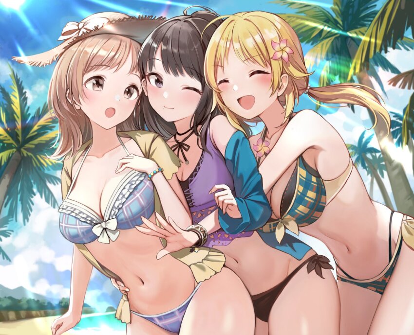 3girls ahoge bikini black_hair blonde_hair blurry blush bokeh breasts brown_eyes brown_hair closed_eyes closed_mouth commentary_request cowboy_shot depth_of_field flower front-tie_bikini_top front-tie_top hachimiya_meguru hair_flower hair_ornament hat highleg highleg_bikini highres hug hug_from_behind idolmaster idolmaster_shiny_colors illumination_stars_(idolmaster) kazano_hiori large_breasts light_brown_hair light_rays long_hair low_twintails medium_breasts mole mole_under_mouth multiple_girls navel one_eye_closed open_clothes open_mouth open_shirt palm_tree plaid_bikini plaid_clothes ponytail sakuragi_mano skindentation smile straw_hat swimsuit tree tuna_picture twintails