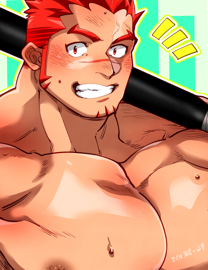 1boy akashi_(live_a_hero) bara baseball_bat facial_hair flexing_pectorals goatee grin happy_aura highres holding holding_baseball_bat kizami_nori_to_yamaimo large_pectorals live_a_hero long_sideburns looking_at_viewer male_focus muscular muscular_male nipples nude pectorals quads red_eyes red_hair sanpaku scar scar_on_face scar_on_nose short_hair sideburns smile solo sweat thick_eyebrows upper_body