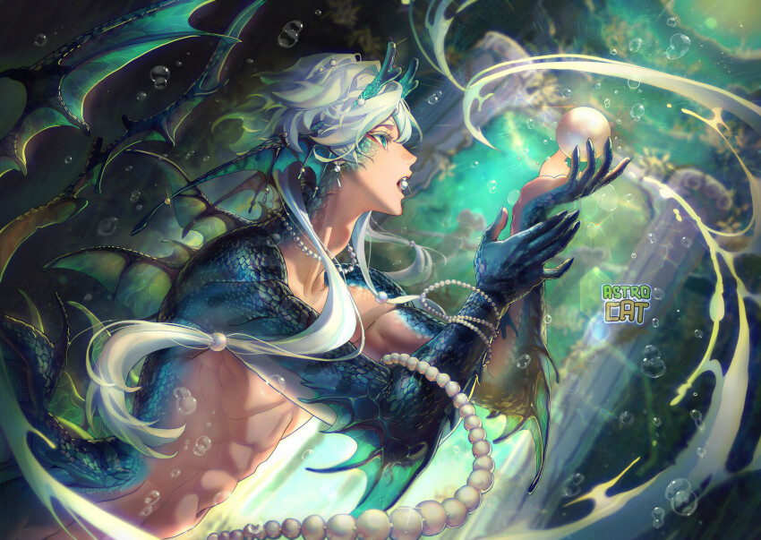 1boy abs adam&#039;s_apple aqua_eyes aqua_horns arch arched_back astrocatsama back_fin bishounen blurry blurry_background bracelet bubble colored_eyelashes cowboy_shot diffraction_spikes earrings eastern_dragon_horns eyeliner fins foreshortening from_side gem hands_up head_fins highres holding_orb horns jewelry looking_at_object makeup male_focus monster_boy mouth_hold multi-tied_hair navel necklace nude open_mouth orb original pearl_(gemstone) pearl_bracelet pearl_earrings pearl_necklace pillar profile red_eyeliner scales short_hair_with_long_locks solo teeth twintails underwater upper_teeth_only white_eyelashes white_hair