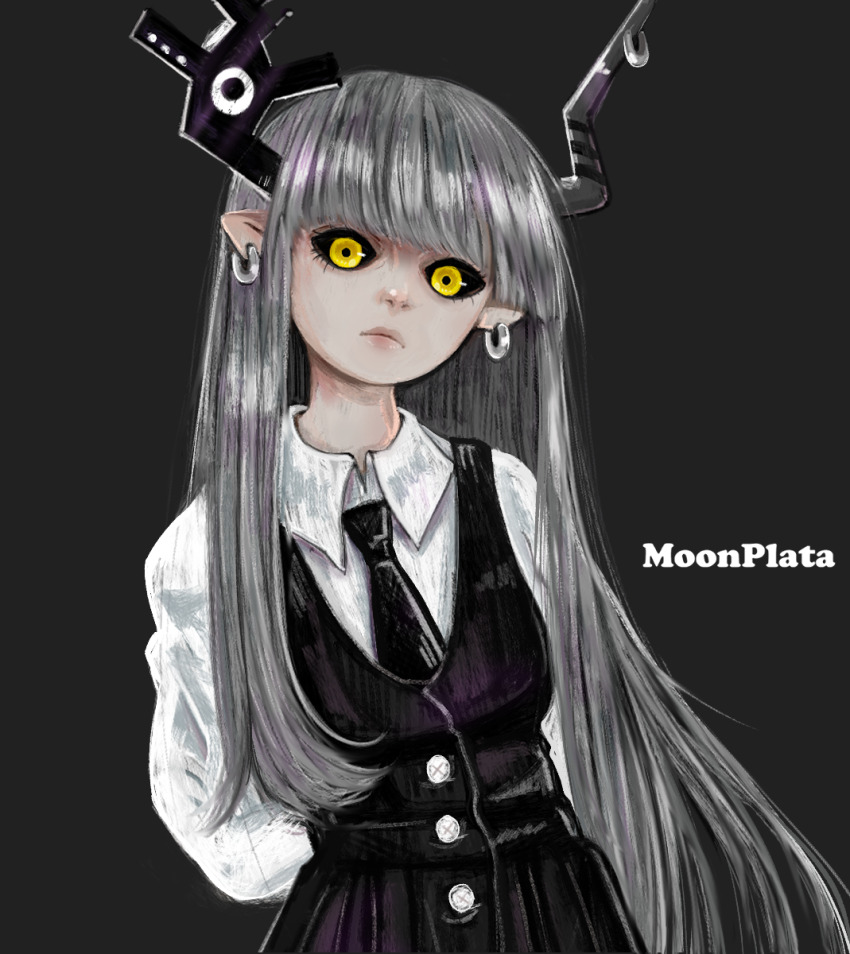 1girl arm_at_side arm_behind_back artist_name asymmetrical_horns black_horns black_necktie black_sclera black_skirt black_vest blunt_bangs buttons collared_shirt colored_sclera demon demon_girl demon_horns earrings expressionless formal_clothes funamusea grey_background grey_hair grey_horns head_tilt highres horn_piercing horns jewelry kurotsuno long_hair looking_at_viewer mismatched_horns moonplata multicolored_horns necktie pink_lips pleated_skirt pointy_ears shirt sidelocks silver_earrings skirt solo sutare_yume two-tone_horns upper_body very_long_hair vest white_shirt yellow_eyes