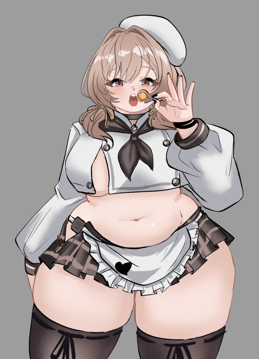 1girl apron ascot belly beret black_nails black_thighhighs bracelet bready_(nikke) breasts brown_eyes brown_hair candy choker crop_top food goddess_of_victory:_nikke grey_background hair_ribbon hat highres holding holding_candy holding_food holding_lollipop jewelry large_breasts lollipop low_twintails medium_hair midriff miniskirt navel open_mouth peagade plump ribbon saliva saliva_trail shirt skirt solo standing thick_thighs thighhighs thighs twintails white_hat white_shirt wide_hips