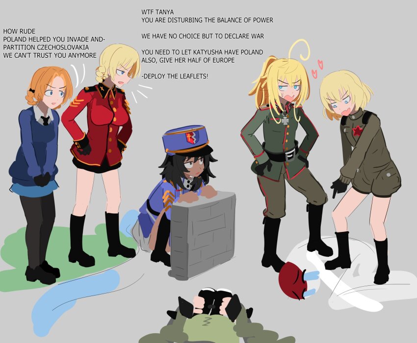 6+girls ahoge anchovy_(girls_und_panzer) andou_(girls_und_panzer) bc_freedom_military_uniform black_boots black_bow black_gloves black_hair black_skirt blonde_hair blue_eyes blue_skirt blue_sweater boots bow braid breasts commentary cross darjeeling_(girls_und_panzer) dark-skinned_female dark_skin english_commentary english_text girls_und_panzer gloves green_hair grey_skirt hair_bow hands_on_own_hips highres historical iron_cross katyusha_(girls_und_panzer) knee_boots kurokimoko large_breasts military_uniform multiple_girls orange_hair orange_pekoe_(girls_und_panzer) pantyhose polandball pravda_military_uniform school_uniform skirt squatting st._gloriana&#039;s_military_uniform st._gloriana&#039;s_school_uniform stepped_on sweater tanya_degurechaff youjo_senki