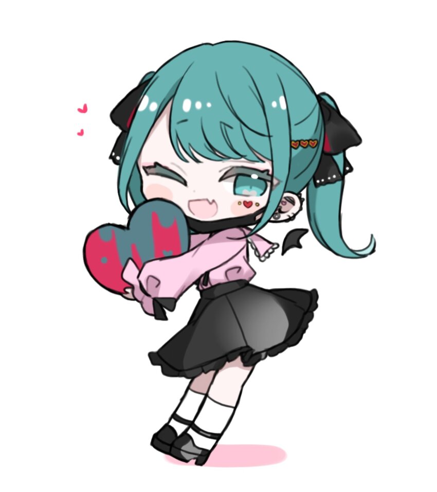 1girl bad_id bad_twitter_id blue_eyes blue_hair blush_stickers chibi ear_piercing facial_mark fang frilled_skirt frills full_body hair_ornament hair_ribbon hatsune_miku heart heart_facial_mark heart_hair_ornament highres holding holding_heart long_sleeves maro_maro_3939 mask mask_pull mouth_mask one_eye_closed open_mouth piercing ribbon skin_fang skirt smile socks solo twintails vampire_(vocaloid) vocaloid