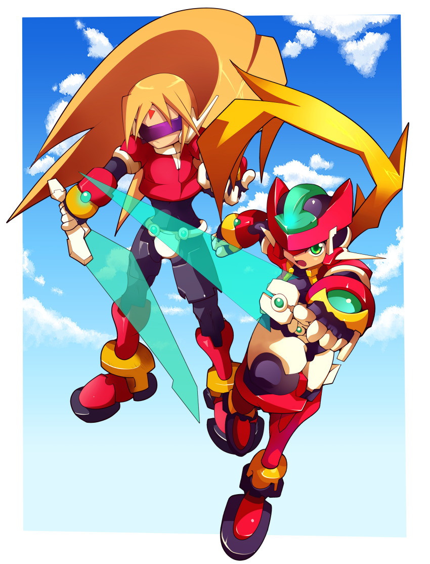 2boys absurdres armor blonde_hair cloud crop_top cropped_jacket crotch_plate dkingnozi energy_sword facial_mark forehead_jewel forehead_mark full_body girouette_(mega_man) green_eyes helmet highres holding holding_sword holding_weapon long_hair male_focus mega_man_(series) mega_man_zx model_z_(mega_man) model_zx_(mega_man) multiple_boys power_armor red_armor red_helmet robot_ears sky sunglasses sword vent_(mega_man) weapon