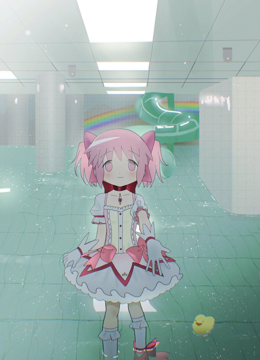 backrooms_(creepypasta) bow ceiling ceiling_light collarbone dream_pool dress dress_bow gloves hair_bow highres indoors kaname_madoka kaname_madoka_(magical_girl) magical_girl mahou_shoujo_madoka_magica partially_submerged pink_bow pink_dress pink_eyes pink_hair puffy_short_sleeves puffy_sleeves rainbow reaching reaching_towards_viewer red_bow red_ribbon ribbon rubber_duck short_hair short_sleeves socks soul_gem tile_ceiling tile_floor tile_wall tiles twintails water water_slide white_dress white_gloves white_socks wrist_ribbon x_x_dame