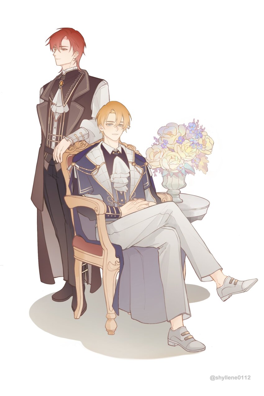 2boys absurdres alberu_crossman ascot black_pants blonde_hair blue_eyes brown_vest cale_henituse chair closed_mouth coat crossed_legs flower full_body green_eyes grey_vest highres long_sleeves looking_at_viewer lout_of_count&#039;s_family male_focus multiple_boys own_hands_together pants red_hair rose shirt shoes short_hair shyllene0112 simple_background sitting smile standing vase vest white_ascot white_background white_pants yellow_eyes yellow_flower yellow_rose