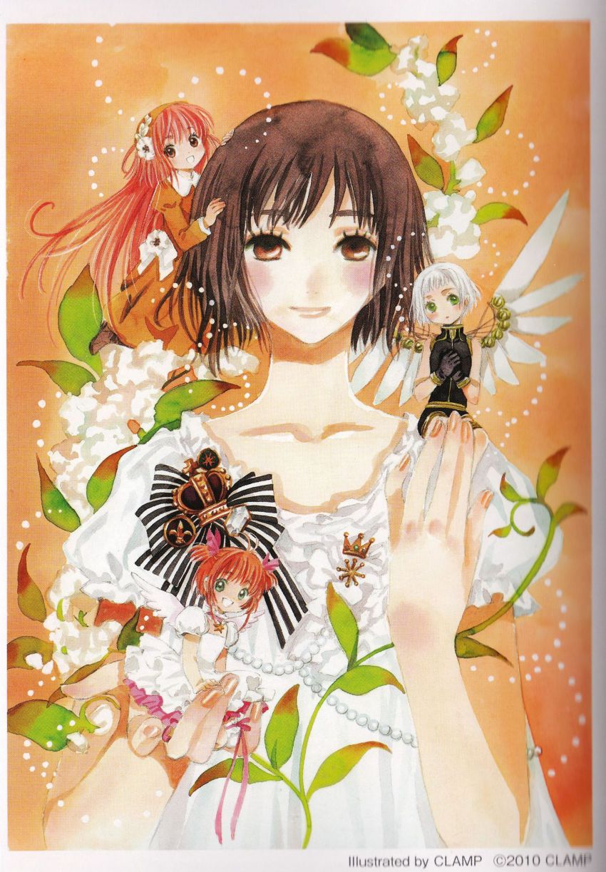 00s 1990s_(style) 4girls absurdres blush_stickers bow brown_eyes brown_hair cardcaptor_sakura clamp clover_(manga) collarbone creator_connection crossover dated dress flower gem green_eyes hair_bow hair_flower hair_ornament hanato_kobato highres jewelry kinomoto_sakura kinomoto_sakura_(astral_sakura) kobato. light_smile looking_at_viewer mechanical_wings mini_person minigirl multiple_crossover multiple_girls nail_polish orange_hair pearl_(gemstone) real_life retro_artstyle ribbon sakamoto_maaya scan scan_artifacts short_hair smile suu suu_(clover) voice_actor voice_actor_connection white_hair wings