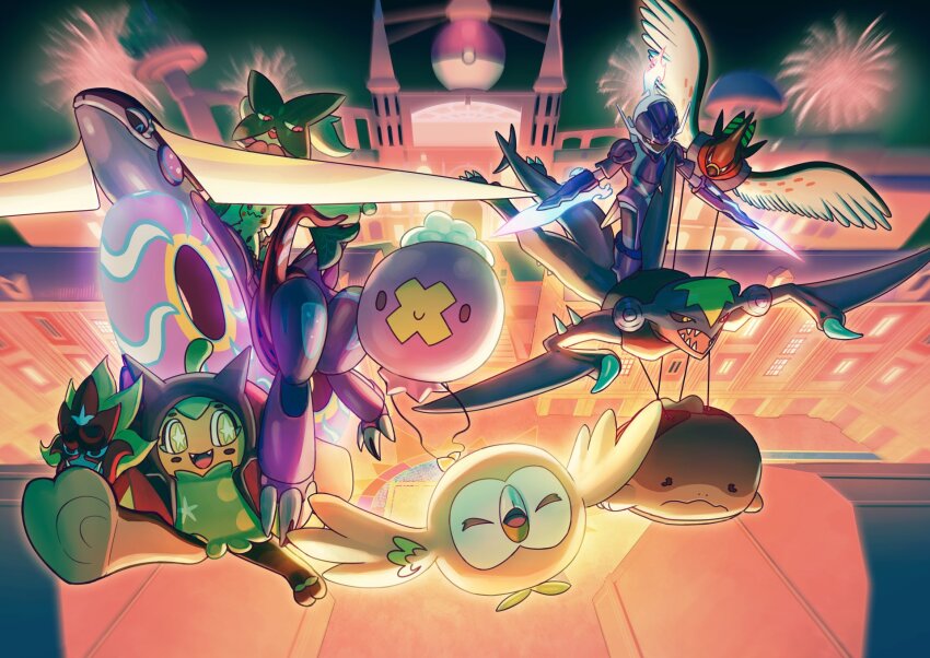 :d bird building ceruledge clodsire closed_eyes closed_mouth commentary_request drifloon fangs fireworks flying frown garchomp gen_4_pokemon gen_6_pokemon gen_7_pokemon highres mask meowscarada mimikyu miraidon mokukitusui night nintendo no_humans ogerpon open_mouth outdoors poke_ball_print pokemon pokemon_(creature) riding riding_pokemon rowlet smile talonflame tongue