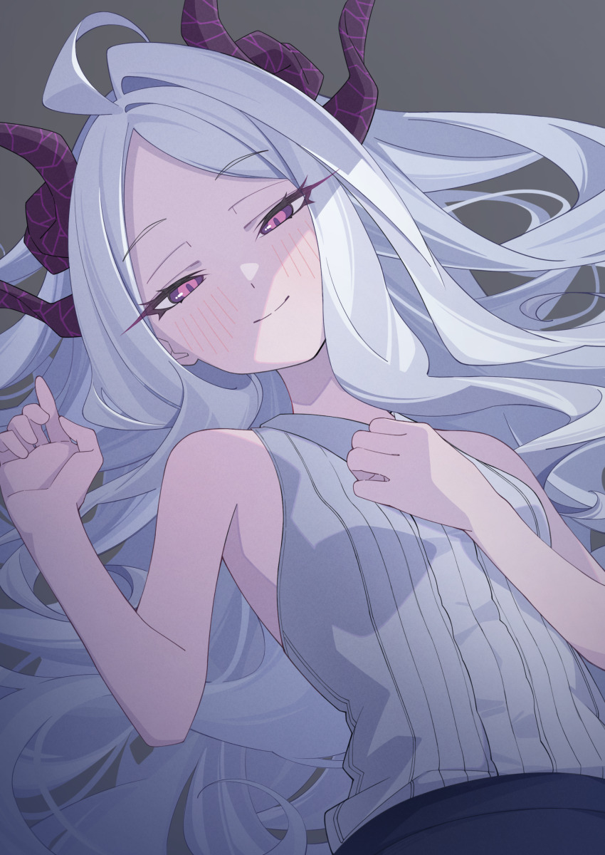 1girl absurdres ahoge black_skirt blue_archive blush collared_shirt commentary demon_girl demon_horns forehead grey_background half-closed_eyes highres hina_(blue_archive) horns kafueore long_hair looking_at_viewer lying official_alternate_costume on_back parted_bangs pencil_skirt purple_eyes shirt sidelocks simple_background skirt sleeveless sleeveless_shirt smile solo upper_body wavy_hair white_hair white_shirt