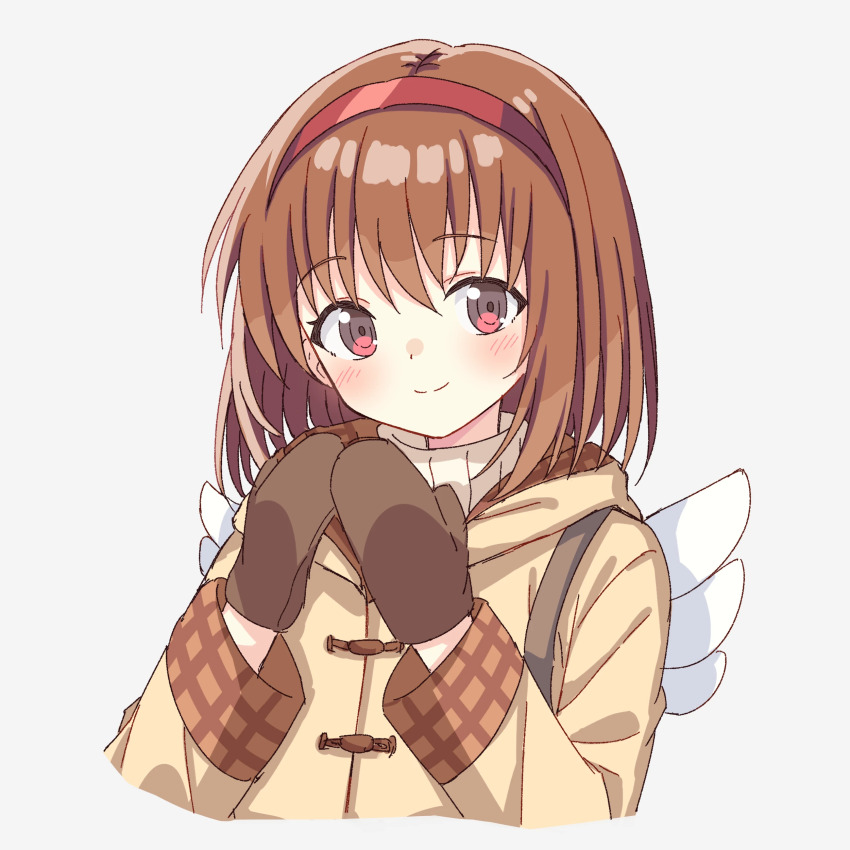 1girl absurdres angel_wings blush brown_hair brown_mittens closed_mouth coat cropped_torso fake_wings grey_hair hair_between_eyes hairband hands_up happy highres hood hood_down kanon long_sleeves looking_at_viewer mittens own_hands_together plaid_clothes plaid_sleeves red_eyes red_hairband setteiset short_hair simple_background smile solo tsukimiya_ayu upper_body white_background white_wings wide_sleeves wings yellow_coat