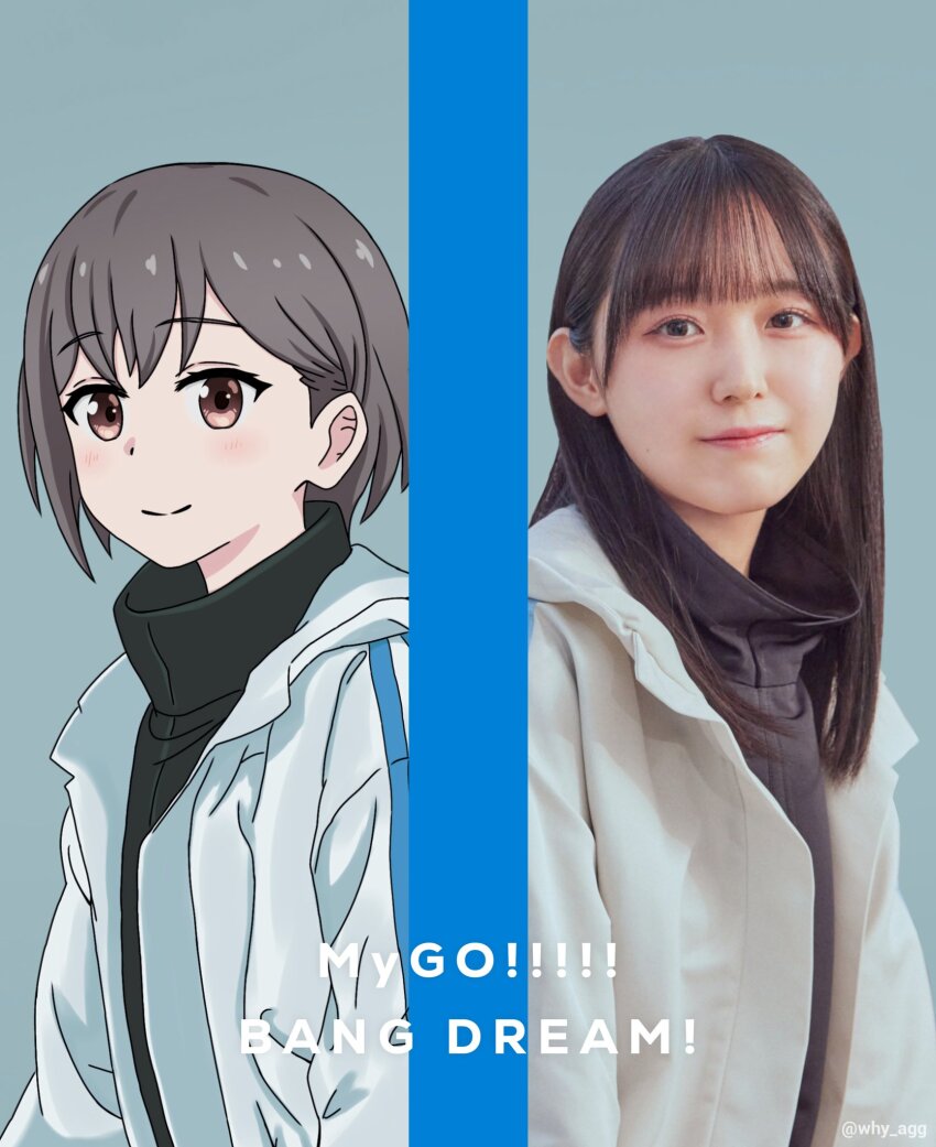2girls a_whydc bang_dream! bang_dream!_it&#039;s_mygo!!!!! black_hair black_sweater brown_eyes closed_mouth commentary grey_background grey_hair hashtag-only_commentary highres jacket long_hair looking_at_viewer multiple_girls open_clothes open_jacket photo-referenced real_life short_hair simple_background sweater takamatsu_tomori the_first_take turtleneck turtleneck_sweater twitter_username upper_body voice_actor_connection white_jacket youmiya_hina