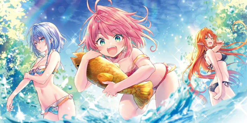 3girls :d ahoge animal animal_hug bikini blue_eyes blue_hair blue_sky breasts d-kyuu_boukensha_no_ore_nazeka_yuusha_party_ni_kanyuu_sareta_ageku_oujo_ni_tsukimatowareteru eve_(d-kyuu_boukensha) fish floating_hair green_eyes hair_intakes hand_in_own_hair long_hair multiple_girls navel novel_illustration official_art open_mouth orange_hair parted_lips pink_hair rena-(d-kyuu_boukensha) retinoa riichu second-party_source short_hair side-tie_bikini_bottom sideboob sky smile standing swimsuit tree wading