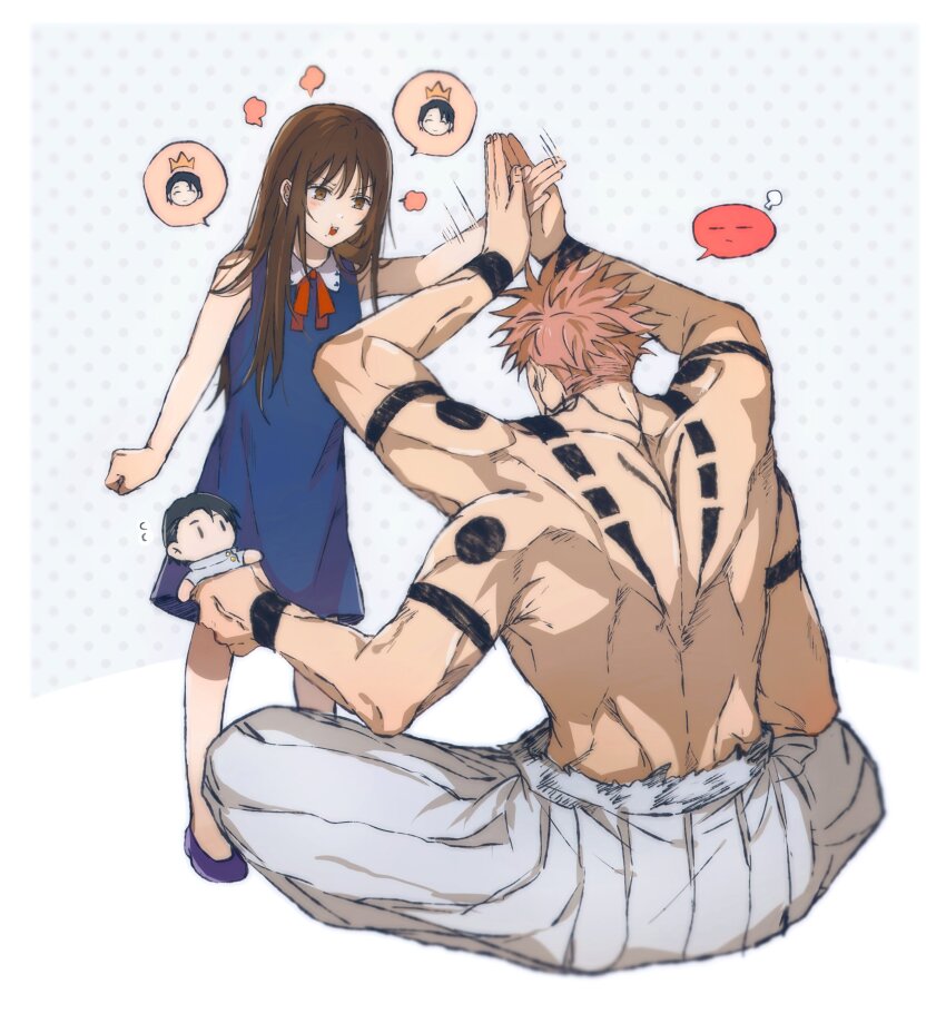 1boy 1girl absurdres angry blue_dress body_markings brown_eyes brown_hair catching character_doll chop clenched_hand collar doll dress extra_arms highres holding holding_doll jujutsu_kaisen long_hair looking_at_another okkotsu_yuuta orange_hair orimoto_rika patterned_background pout ryoumen_sukuna_(jujutsu_kaisen) ryoumen_sukuna_(true_form)_(jujutsu_kaisen) sitting sleeveless sleeveless_dress slip-on_shoes topless_male yoon_(dmsco1803)