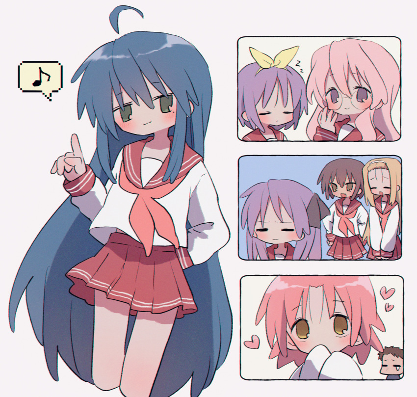 1boy 6+girls :3 :d :| ahoge arm_behind_back blonde_hair brown_hair closed_mouth collarbone green_eyes hairband highres hiiragi_kagami hiiragi_tsukasa izumi_konata kogami_akira kusakabe_misao light_blush long_hair long_sleeves looking_at_viewer lucky_star minegishi_ayano miniskirt multiple_girls musical_note open_mouth pink_hair purple_hair red_sailor_collar red_serafuku red_skirt ri_(qrcode) round_eyewear sailor_collar school_uniform serafuku shiraishi_minoru short_hair skirt sleeves_past_fingers sleeves_past_wrists smile speech_bubble spoken_musical_note spoken_zzz takara_miyuki upper_body very_long_hair white_background yellow_hairband zzz