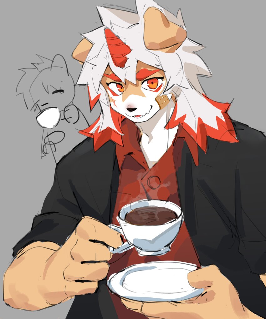 1boy absurdres arknights bandaid bandaid_on_cheek bandaid_on_face black_suit colored_tips commentary cross_scar cup doodle_inset facial_scar fang formal_clothes furry furry_male grey_background highres holding holding_cup holding_saucer horns hung_(arknights) joeyz komainu_boy komainu_ears male_focus multicolored_hair red_shirt saucer scar scar_on_cheek scar_on_face shirt single_horn sketch skin_fang smile suit symbol-only_commentary upper_body