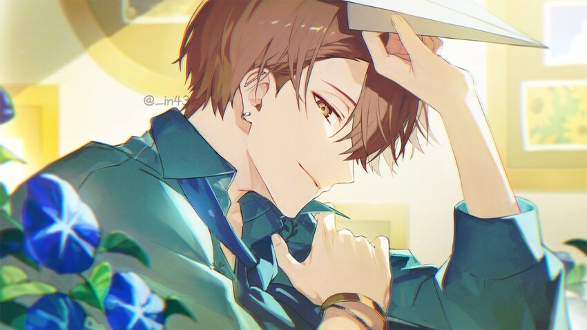 1boy artist_name barbell_piercing blue_flower blue_necktie blue_shirt blurry blurry_background bracelet brown_eyes brown_hair chromatic_aberration closed_mouth collared_shirt crossed_bangs ear_piercing earrings flower gold_bracelet hair_between_eyes hand_up hashtag-only_commentary holding holding_paper_airplane in43 indoors industrial_piercing jewelry kagami_hayato long_sleeves looking_at_viewer male_focus morning_glory necktie nijisanji paper_airplane parted_bangs picture_frame piercing profile shirt short_hair sideways_glance smile solo twitter_username upper_body virtual_youtuber