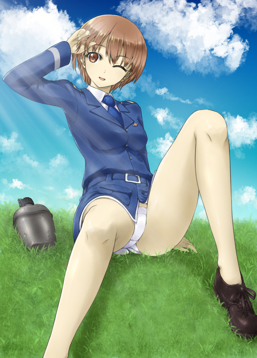 1girl 506th_joint_fighter_wing absurdres arm_support belt blue_belt blue_necktie blue_sky breasts brown_eyes brown_hair canteen cloud garrison_cap grass hand_in_own_hair hat highres hill jennifer_j_deblanc knee_up medium_breasts memory_(prophet5) military military_uniform necktie no_pants noble_witches one_eye_closed panties pantyshot short_hair sky solo they&#039;re_not_panties thighs underwear white_panties world_witches_series