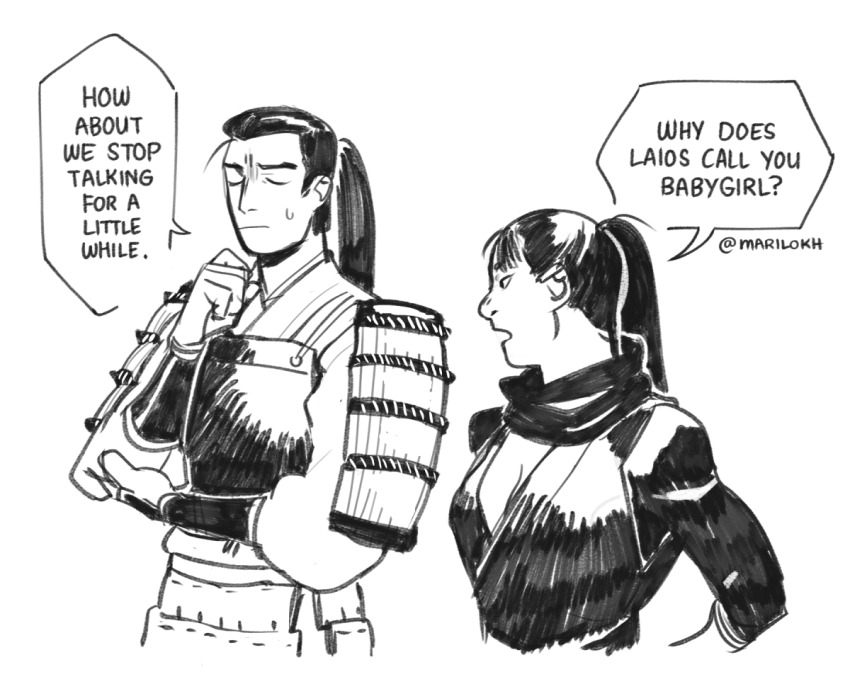 1boy 1girl armor artist_name closed_eyes closed_mouth commentary dou dungeon_meshi elbow_rest english_commentary english_text greyscale hand_up hien japanese_armor lokh long_hair long_sleeves monochrome ponytail puffy_long_sleeves puffy_sleeves scarf shoulder_armor shurou simple_background sode speech_bubble twitter_username upper_body white_background