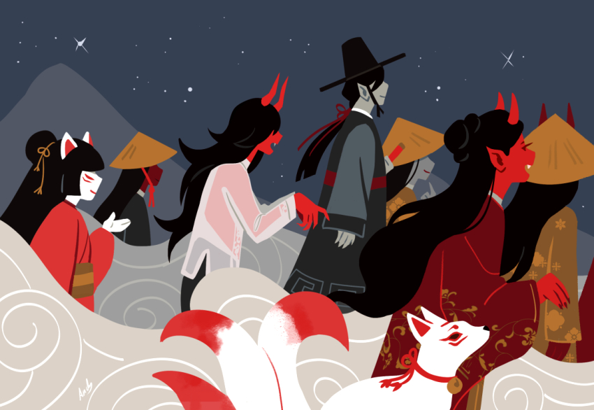 6+girls andythelemon bell black_hair colored_skin demon demon_girl eyelashes facial_mark hat horns kitsune long_hair multiple_girls original red_skin sharp_teeth spirit steam teeth whisker_markings
