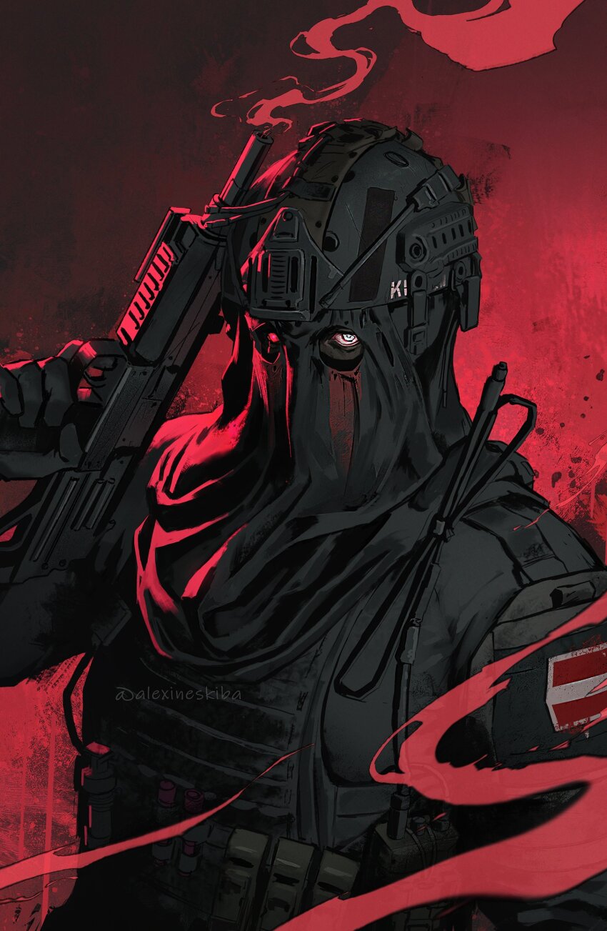 1boy absurdres aleksandra_skiba artist_name black_gloves black_jacket bulletproof_vest call_of_duty call_of_duty:_modern_warfare_2 finger_on_trigger gloves gun helmet highres holding holding_gun holding_weapon jacket konig_(call_of_duty) male_focus mask solo submachine_gun twitter_username upper_body uzi walkie-talkie weapon