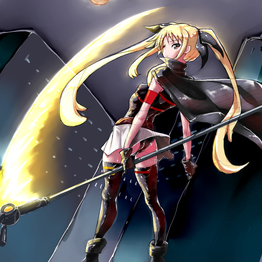 1girl ass bardiche_(nanoha) bardiche_(scythe_form)_(nanoha) black_leotard blonde_hair cape commentary_request fate_testarossa fate_testarossa_(movie_1st_form) female_focus from_behind gasha_dokurou glowing hair_ribbon highres leotard long_hair looking_at_viewer looking_back lyrical_nanoha magical_girl mahou_shoujo_lyrical_nanoha multiple_girls red_eyes ribbon shiny_skin sketch solo standing thighhighs twintails very_long_hair