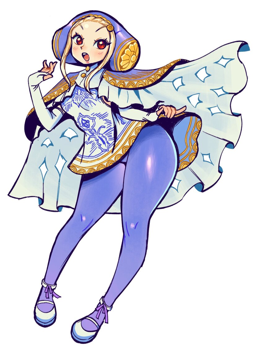 1girl absurdres cape capelet dress eduedude highres ingrid_(capcom) open_mouth pantyhose purple_pantyhose red_eyes shoes sidelocks solo street_fighter street_fighter_6 white_background white_shoes