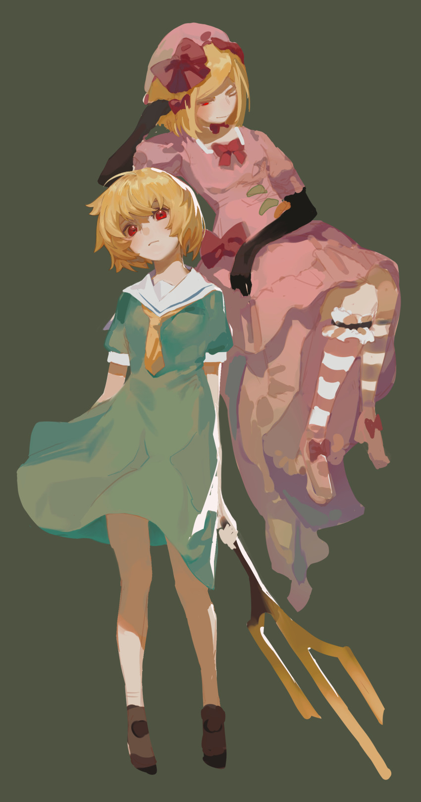 2girls ;) absurdres ahoge black_gloves blonde_hair brown_shoes chinese_commentary choker dress eyebrows_hidden_by_hair floating frilled_dress frilled_legwear frills frown full_body gloves green_background green_dress hat hat_ribbon high_heels highres higurashi_no_naku_koro_ni higurashi_no_naku_koro_ni_gou holding houjou_satoko in-franchise_crossover lambdadelta multiple_girls necktie one_eye_closed pink_dress pink_headwear puffy_short_sleeves puffy_sleeves red_eyes red_ribbon ribbon ribbon_choker ribbon_shoes sailor_collar sailor_dress school_uniform shaded_face shoes short_hair short_sleeves sketch smile socks standing striped_clothes striped_legwear striped_socks tency88 umineko_no_naku_koro_ni white_sailor_collar yellow_necktie