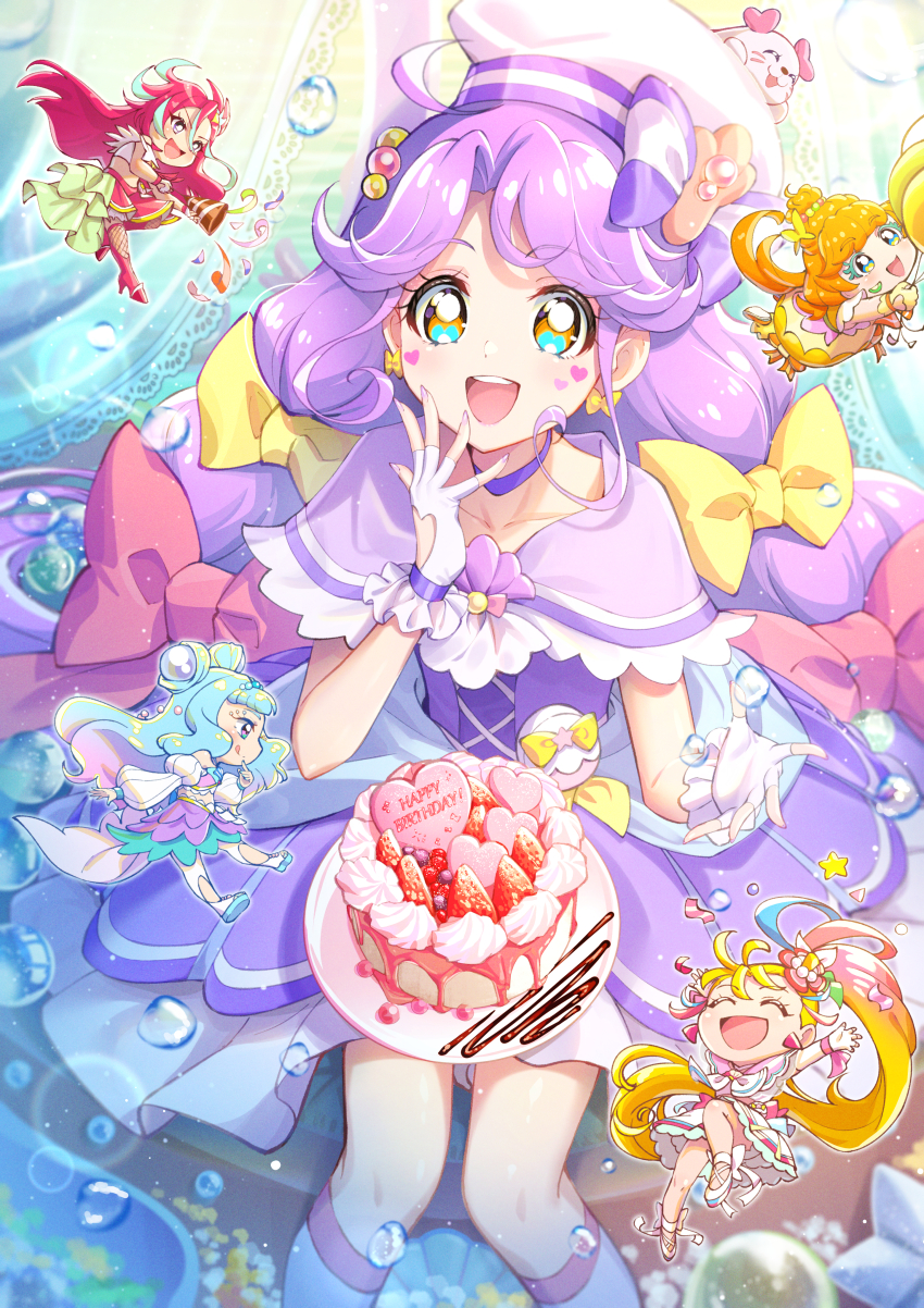 5girls :d :q absurdres aqua_eyes aqua_hair arm_up bare_legs birthday_cake blue_hair blue_skirt boots bow bow_earrings brown_eyes bubble_skirt cake capelet chibi choker closed_eyes collarbone cure_coral cure_flamingo cure_la_mer cure_papaya cure_summer dot_nose double_bun dress earrings facial_mark fingerless_gloves fishnet_thighhighs fishnets food frills gloves hair_bow hair_bun hair_ornament happy happy_birthday hat hat_bow heart heart_facial_mark heart_in_eye highres holding holding_party_popper ichinose_minori jewelry kneehighs kururun_(precure) laura_la_mer layered_skirt long_hair looking_at_viewer magical_girl multicolored_eyes multicolored_hair multiple_girls multiple_hair_bows nail_polish natsuumi_manatsu open_mouth orange_hair party_popper pink_bow pink_hair precure purple_capelet purple_choker purple_dress purple_hair purple_skirt red_footwear red_hair red_skirt rice_rabbit22 sailor_hat shell_brooch shoes short_dress sitting skirt smile socks striped_bow suzumura_sango symbol_in_eye takizawa_asuka thighhighs tongue tongue_out triangle_earrings tropical-rouge!_precure twintails two-tone_hair white_dress white_footwear white_gloves white_hat white_socks yellow_bow