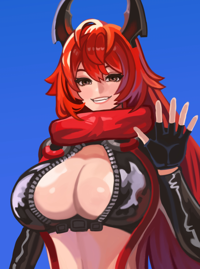 1girl black_gloves blue_background breasts cleavage double-parted_bangs fingerless_gloves gloves goddess_of_victory:_nikke hair_between_eyes highres horns jacket large_breasts leather leather_jacket long_hair looking_at_viewer mechanical_horns red_hair red_hood_(nikke) red_scarf scarf simple_background smile solo unzipped vincentsu yellow_eyes