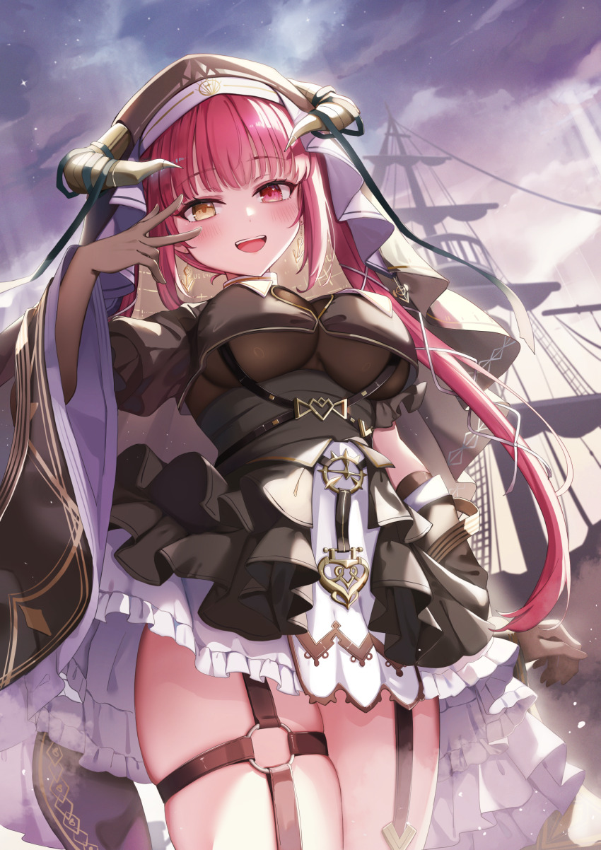 1girl :d black_coif black_dress black_gloves breasts cleavage_cutout clothing_cutout detached_sleeves dress frilled_dress frills gloves guimpe hair_ribbon heart_cutout heterochromia highres hololive horns houshou_marine houshou_marine_(ahoy!!_you&#039;re_all_pirates) large_breasts long_hair long_sleeves looking_at_viewer miakiuehashi nun o-ring o-ring_thigh_strap official_alternate_costume official_alternate_hairstyle open_mouth outdoors red_eyes red_hair ribbon short_dress smile solo teeth thigh_strap twintails upper_teeth_only v v_over_eye very_long_hair virtual_youtuber yellow_eyes