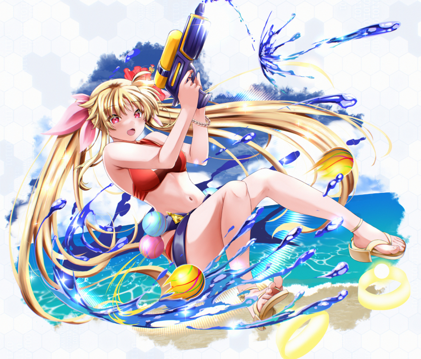 1girl bardiche_(nanoha) bardiche_(standby_form)_(nanoha) beach bikini blonde_hair cloud fate_testarossa flower full_body hair_flower hair_ornament highres holding holding_water_gun lyrical_nanoha lyrical_store mahou_shoujo_lyrical_nanoha mahou_shoujo_lyrical_nanoha_a&#039;s mahou_shoujo_lyrical_nanoha_reflection navel official_alternate_costume red_bikini red_eyes sandals sky solo sougetsu_izuki swimsuit twintails water_gun
