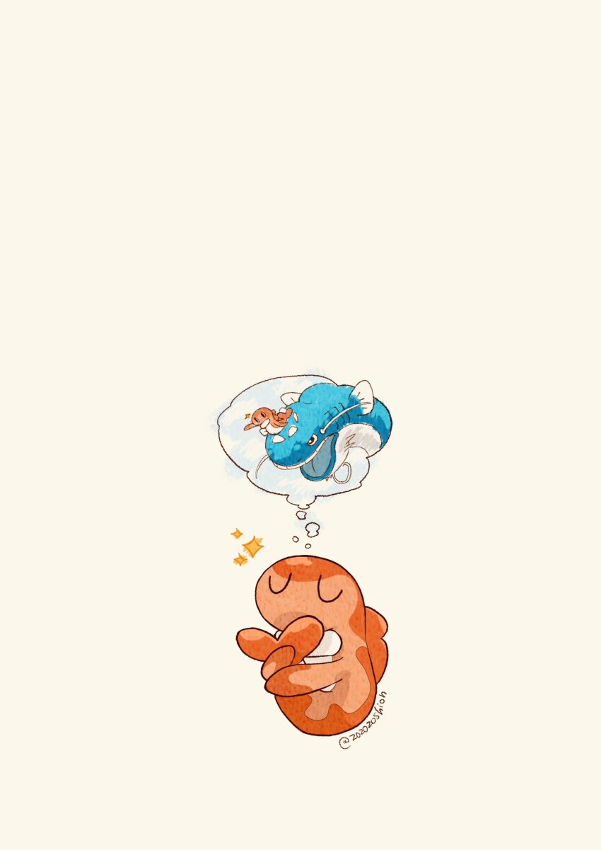 animal_focus artist_name blue_skin colored_skin commentary_request dondozo fish highres nintendo no_humans open_mouth orange_skin pokemon pokemon_(creature) simple_background sparkle speech_bubble tail tatsugiri tatsugiri_(curly) thinking thought_bubble twitter_username whiskers white_background zozozoshion