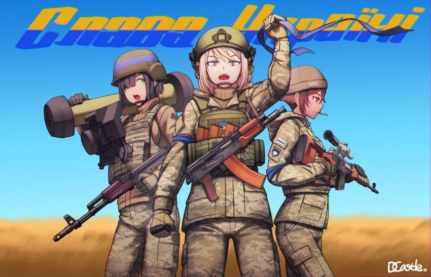 3girls ak-74 aks-74u ammunition assault_rifle black_hair bulletproof_vest cowboy_shot dragoncastle dragunov_svd facing_viewer fgm-148_javelin freedom_of_russia_legion green_eyes gun hat kalashnikov_rifle looking_at_viewer man-portable_anti-tank_systems military military_hat military_uniform missile_launcher multiple_girls pink_hair red_eyes red_hair rifle russo-ukrainian_war smoking sniper_rifle standing ukraine ukrainian_text weapon white_blue_white_flag
