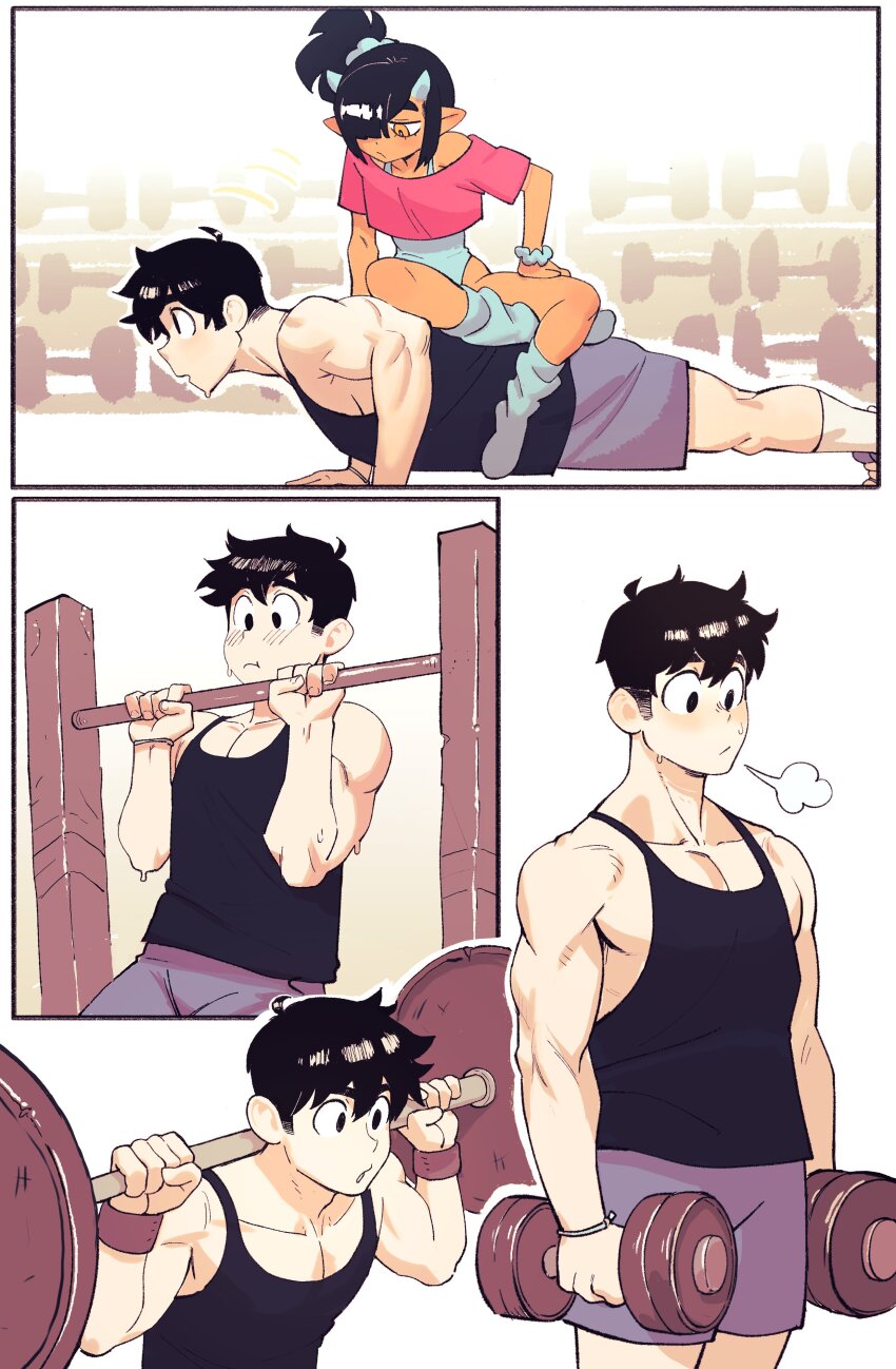 1boy 1girl absurdres barbell black_hair blue_horns blunt_bangs colo_(nagrolaz) cuffs demon_girl dumbbell exercising gym gym_shorts highres holding holding_dumbbell horizontal_bar horns kyler_(sweethex) leotard mephia muscular muscular_male pointy_ears pullups push-ups shirt short_eyebrows shorts singlet sweat sweethex thick_eyebrows training weightlifting weights workout_clothes yellow_eyes