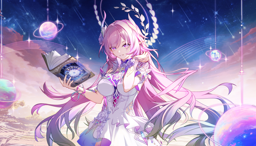 1girl absurdres as_i&#039;ve_written_(honkai:_star_rail) book breasts chinese_commentary commentary_request cowboy_shot cyrene_(honkai:_star_rail) cyrene_(ripples_of_past_reverie)_(honkai:_star_rail) dress flower gradient_hair hair_flower hair_ornament hand_up highres holding holding_book honkai:_star_rail honkai_(series) large_breasts long_hair looking_at_viewer multicolored_hair parted_lips pink_hair planet purple_eyes purple_flower purple_rose rose smile solo tongyu very_long_hair white_dress