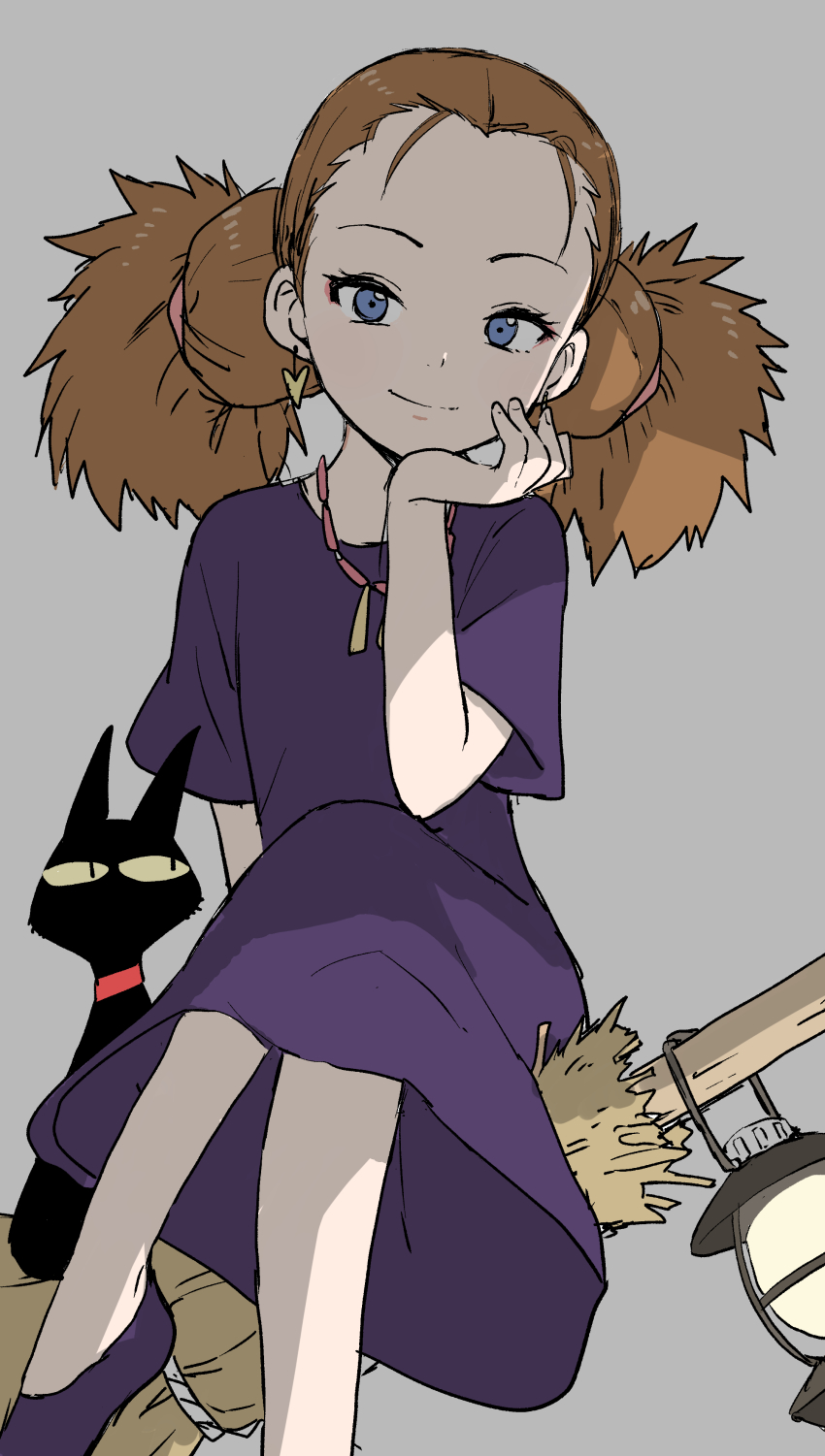 1girl absurdres animal arm_support black_cat blue_eyes broom broom_riding brown_hair cat closed_mouth commentary_request crossed_legs dress earrings female_focus forehead grey_background hand_up head_in_hand head_rest heart heart_earrings highres jewelry lantern majo_no_takkyuubin multi-tied_hair necklace purple_dress purple_shoes senior_witch_(majo_no_takkyuubin) shoes short_sleeves simple_background sitting smile solo twintails yamamoto_souichirou