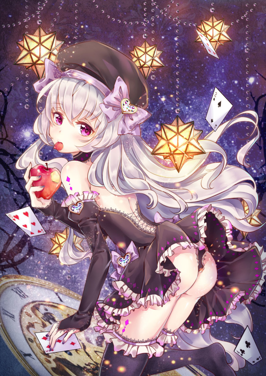 10s 1girl alice_(fate) apple ass bare_shoulders braid breasts bridal_gauntlets card death-the-cat detached_sleeves dress fate/extra fate/grand_order fate_(series) female_focus food fruit hat highres long_hair looking_at_viewer nursery_rhyme_(fate) nursery_rhyme_(fate/grand_order) panties playing_card purple_eyes ribbon shiny_skin sideboob solo underwear very_long_hair white_hair