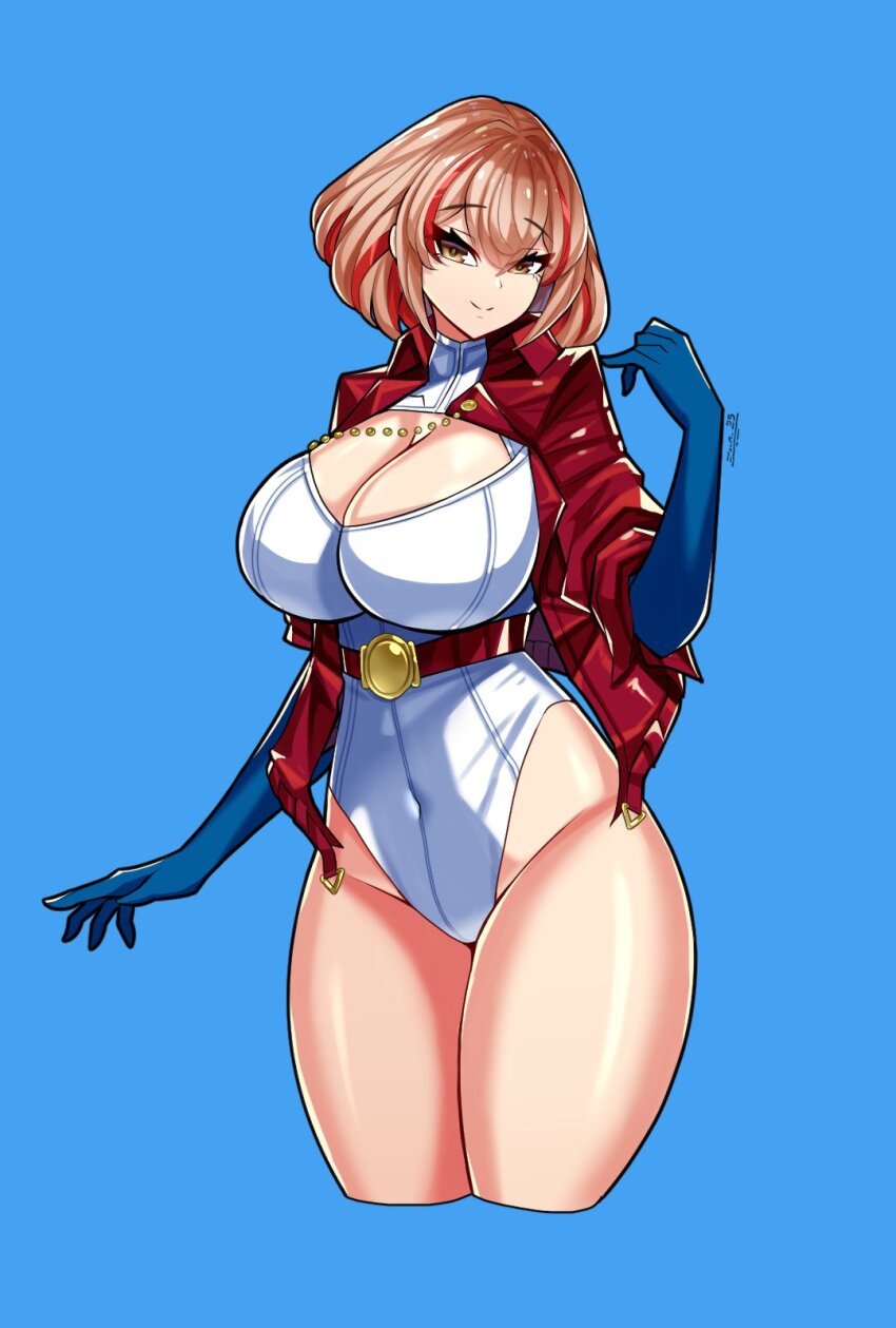 1girl azur_lane belt blonde_hair blue_background blue_gloves breasts cape cleavage_cutout clothing_cutout cosplay cowboy_shot dc_comics gloves hair_between_eyes highleg highleg_leotard highres large_breasts leotard looking_at_viewer loose_belt multicolored_hair power_girl power_girl_(cosplay) red_belt red_cape red_hair roon_(azur_lane) short_hair simple_background smile solo streaked_hair superhero_costume white_leotard zer0z_vi