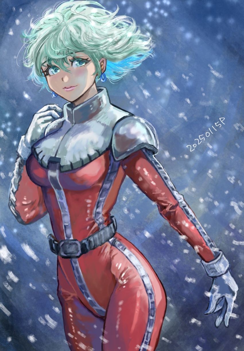1girl aina_saharin blonde_hair blue_eyes bodysuit cropped_legs earrings gundam gundam_08th_ms_team highres jewelry looking_at_viewer mecha_pilot_suit medium_hair night normal_suit_(gundam) okrdisk2000 red_bodysuit science_fiction snowing zeon