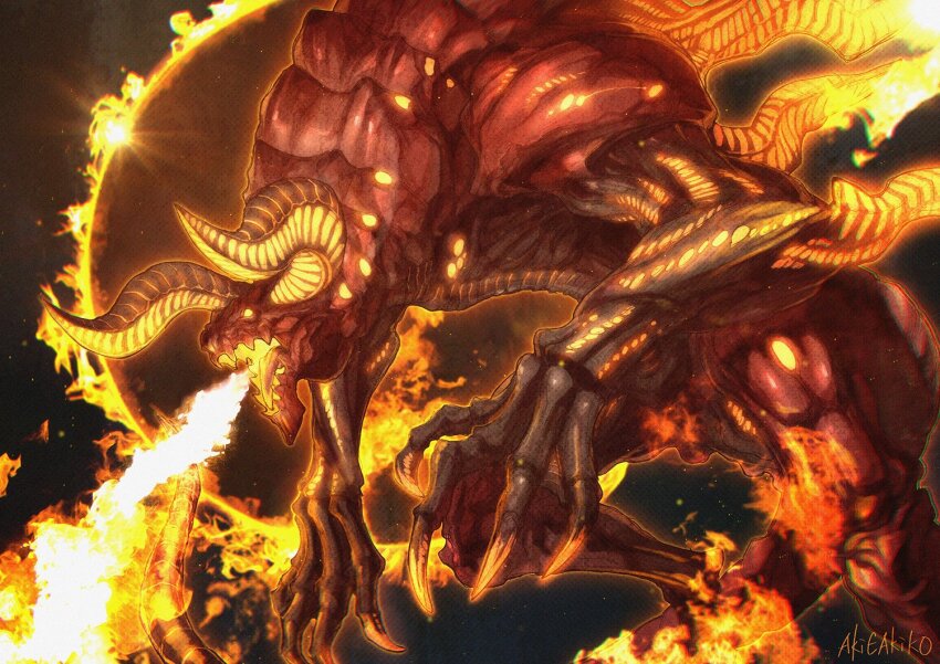 akie_(akidoygo) animal_focus black_background breath_weapon breathing_fire claws curled_horns demon feet_out_of_frame final_fantasy final_fantasy_xiv fire from_side glowing glowing_eye horns ifrit_(final_fantasy) monster no_humans open_mouth orange_nails orange_outline outline ring_of_fire sharp_teeth signature solo teeth yellow_eyes