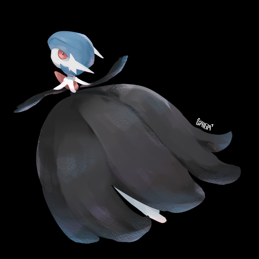 1girl alternate_color arms_up artist_name backless_dress backless_outfit bare_shoulders black_background black_dress black_gloves black_theme blue_hair bob_cut closed_mouth colored_skin dress elbow_gloves female_focus from_behind full_body gardevoir gen_3_pokemon gloves highres long_dress looking_at_viewer looking_back mega_gardevoir mega_pokemon nintendo no_feet no_lineart outstretched_arms pokemon pokemon_(creature) red_eyes shiba_(shiba_29) shiny_pokemon short_hair signature simple_background solo strapless strapless_dress white_skin