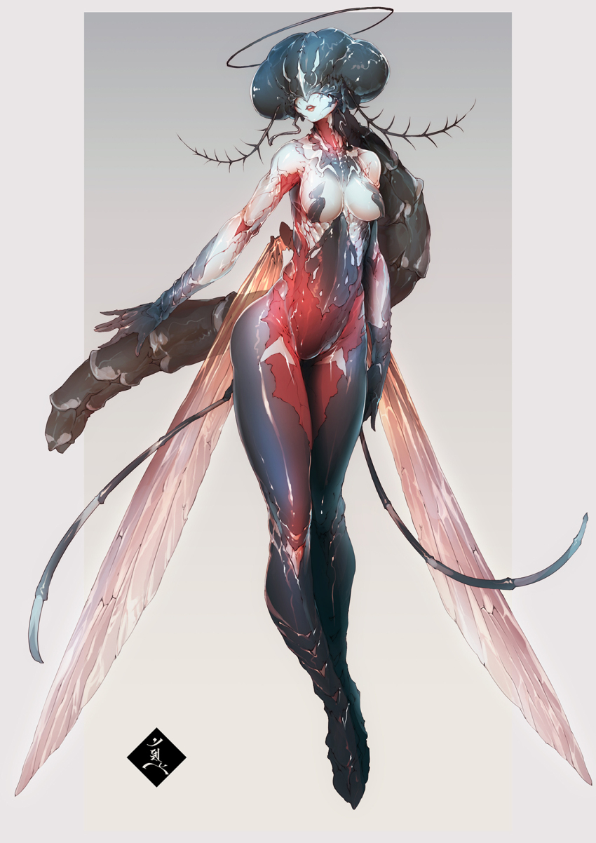 1girl antennae arthropod_girl blue_skin breasts colored_skin full_body grey_background halo highres insect_wings lips mabo9317 medium_breasts monster_girl mosquito_girl no_eyes original parted_lips shiny_skin solo wings