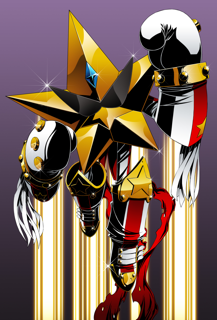 1boy absurdres arm_up bandai boxing_gloves clenched_hands digimon digimon_(creature) digimon_jintrix full_body gem highres jumping looking_at_viewer monster_boy neon_lights no_humans official_art red_scarf scarf shaded_face star_(symbol) sunglasses superstarmon