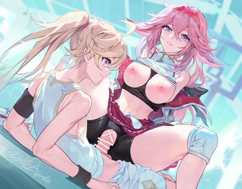 1boy 1girl absurdres aether_(genshin_impact) ahoge alternate_costume animal_ears armband bar_censor bare_shoulders between_breasts bike_shorts_under_skirt black_shorts black_undershirt blonde_hair blush breasts breasts_out censored clothes_between_breasts clothes_lift commentary_request crop_top floppy_ears fox_ears genshin_impact girl_on_top hair_between_eyes hair_ribbon hairband hetero highres jacket knee_pads large_breasts long_hair looking_at_another lying midriff navel nipples off_shoulder on_back parted_lips penis pink_hair pleated_skirt ponytail purple_eyes pussy_cutout reclining red_hairband red_skirt ribbon sex shirt_lift shoes shorts signature skirt skirt_lift smile sneakers spread_legs straddling sweat tank_top tassel thighs turtleneck vaginal variant_set very_long_hair wavy_mouth whistle whistle_around_neck white_jacket white_shoes white_shorts white_tank_top wristband xinliu_asato yae_miko yae_miko_(pulse+) yellow_eyes