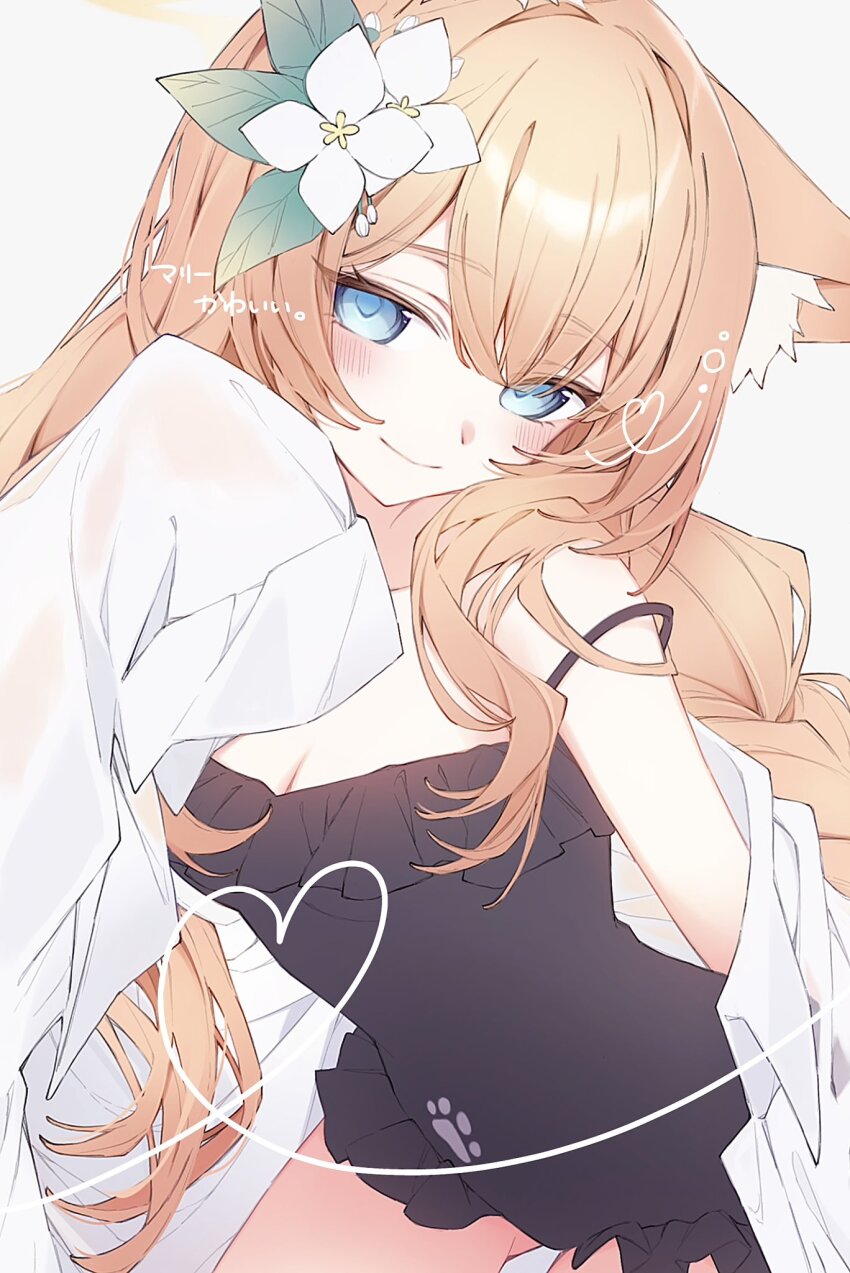 1girl animal_ear_fluff animal_ears black_one-piece_swimsuit blue_archive blue_eyes blue_pupils blush breasts cat_ears cleavage closed_mouth collared_shirt commentary_request cowboy_shot double-parted_bangs flower frilled_one-piece_swimsuit frills gluteal_fold hair_between_eyes hair_flower hair_ornament hair_over_shoulder head_tilt heart heart_of_string highres hk_nnm leaf_hair_ornament long_hair looking_at_viewer low_twintails mari_(blue_archive) mari_(swimsuit)_(blue_archive) medium_breasts official_alternate_costume one-piece_swimsuit open_clothes open_shirt orange_hair paw_print seductive_smile shirt sidelocks simple_background smile solo strap_slip swimsuit twintails very_long_hair white_background white_flower white_shirt