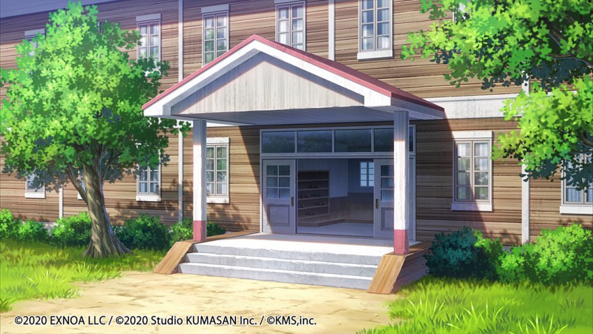 2020 bush company_name day door entrance grass mist_train_girls no_humans ono_tomohiro original scenery shadow sliding_doors stairs sunlight tree tree_shade window wooden_beam wooden_wall