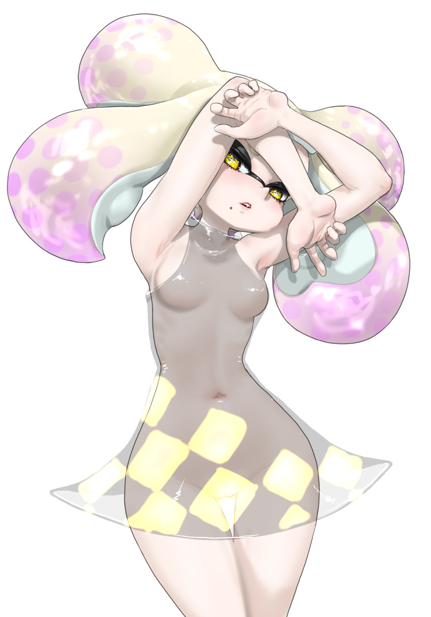 1girl arms_up breasts checkered_clothes checkered_dress colored_inner_hair cowboy_shot domino_mask dress eye_mask high_collar highres inkling koharu2.5 long_hair mask mole mole_under_mouth multicolored_hair navel nintendo no_bra no_nipples no_panties parted_lips pearl_(splatoon) pink_hair pink_lips polka_dot polka_dot_hair pussy see-through_clothes see-through_dress sideways_glance simple_background sleeveless sleeveless_dress splatoon_(series) star-shaped_pupils star_(symbol) symbol-shaped_pupils tentacle_hair thigh_gap upturned_nose white_background white_hair yellow_eyes yellow_pupils